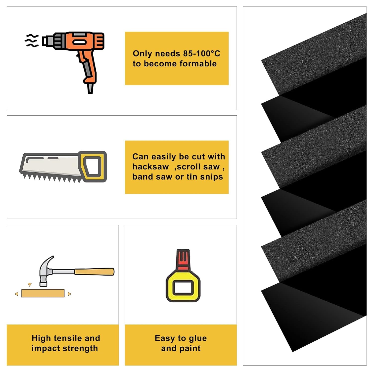 Paidu 6 Pack Black ABS Plastic Sheet 12" x 16" x 0.06" Great for DIY Projects High Tensile and Impact Strength Plastic Smooth & Textured